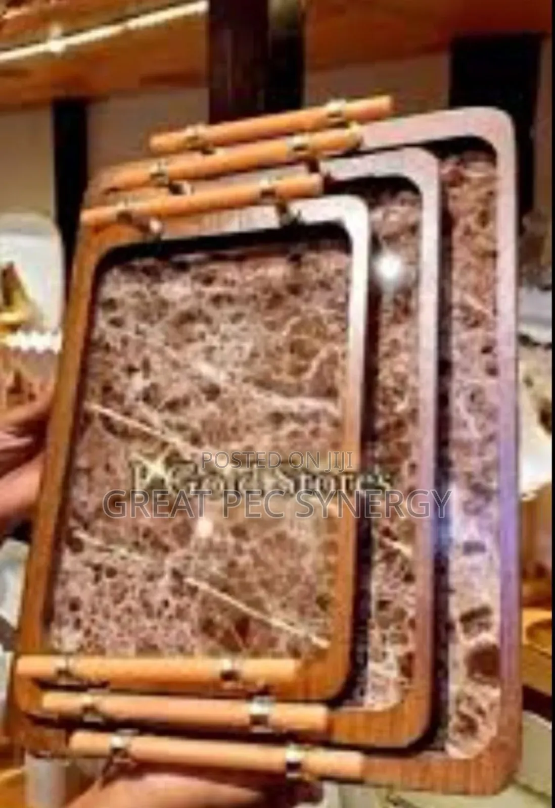 3 Set Wooden Tray With Gold Color Handle