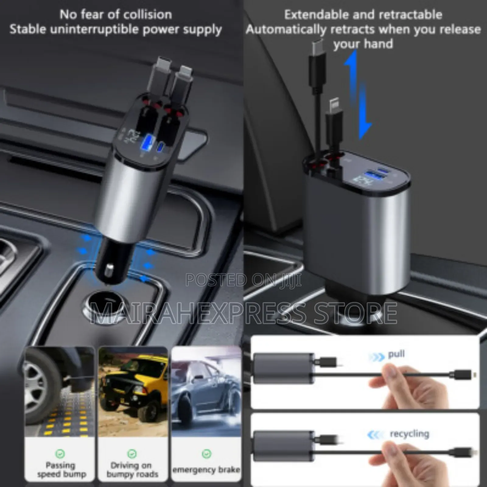4in1 Retractable Car Fast Charger (120w)