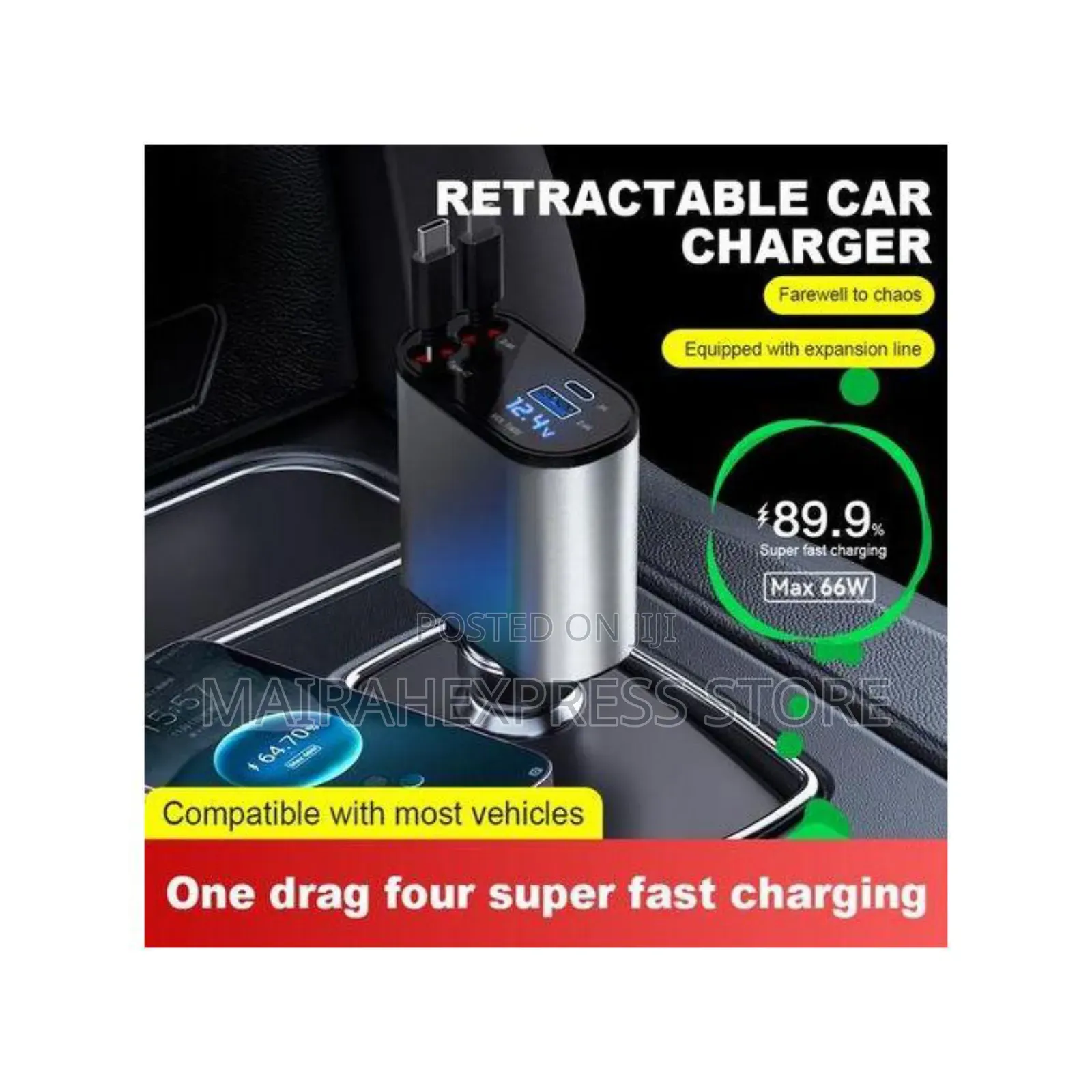 4in1 Retractable Car Fast Charger (120w)