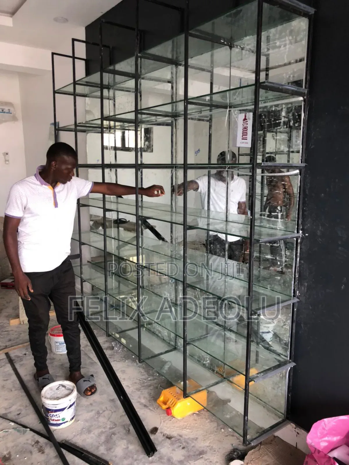 Office Shelves for Drinks Partitioned With Mirror Glass