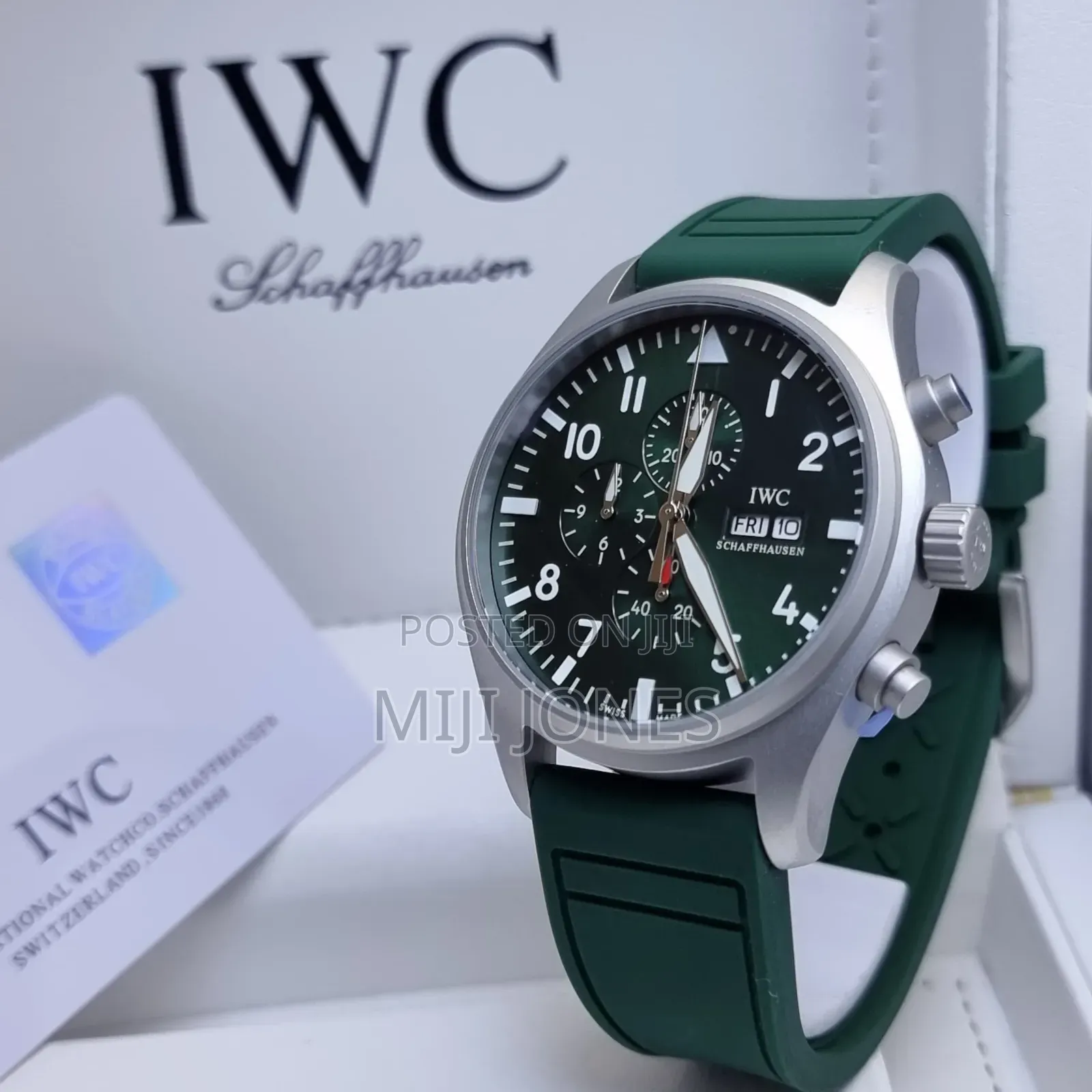 "Iwc Inspired Green Rubber Watch - Day, Date, Chronograph"