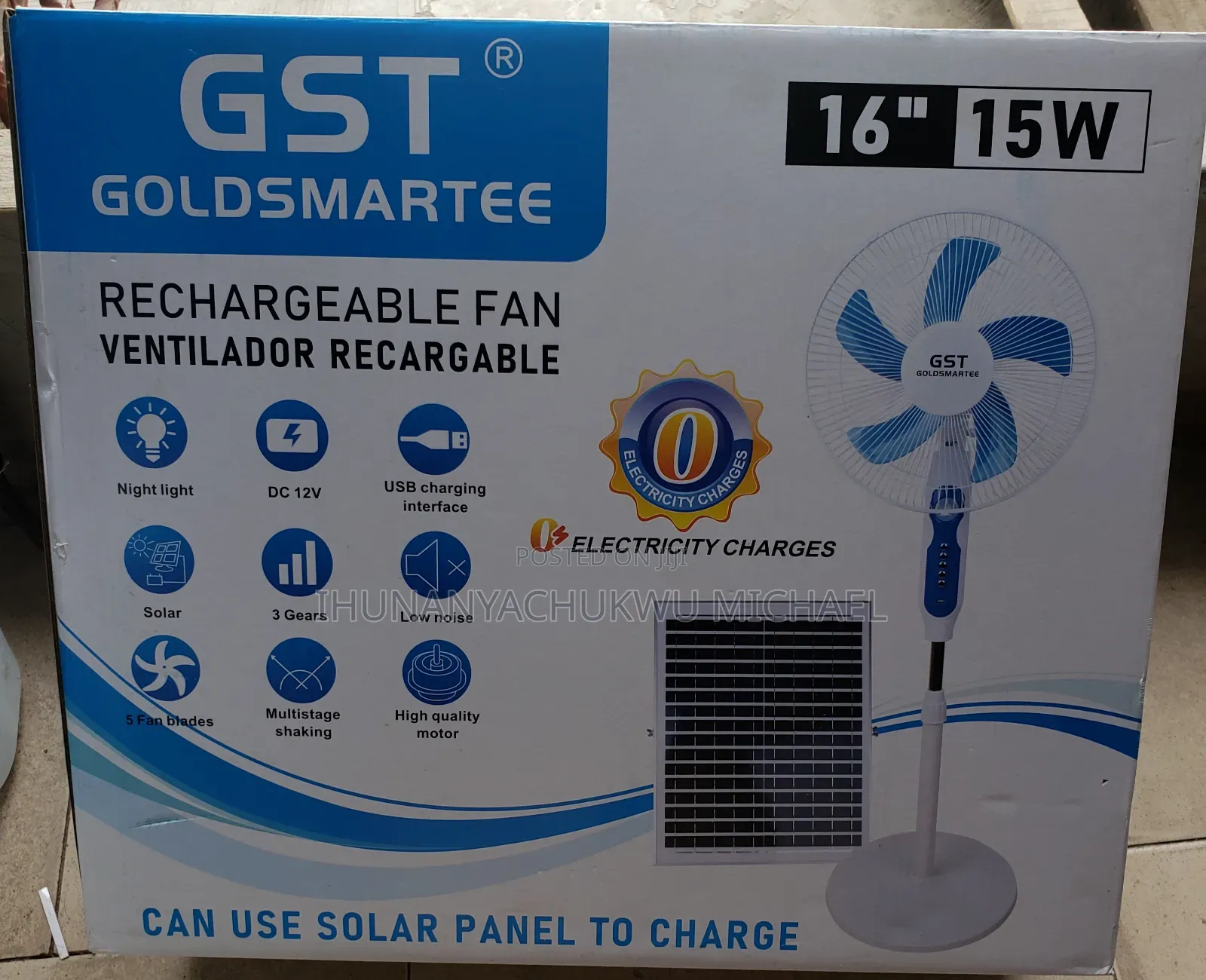 16" Solar Rechargeable Standing Fan With Solar Panel Inside