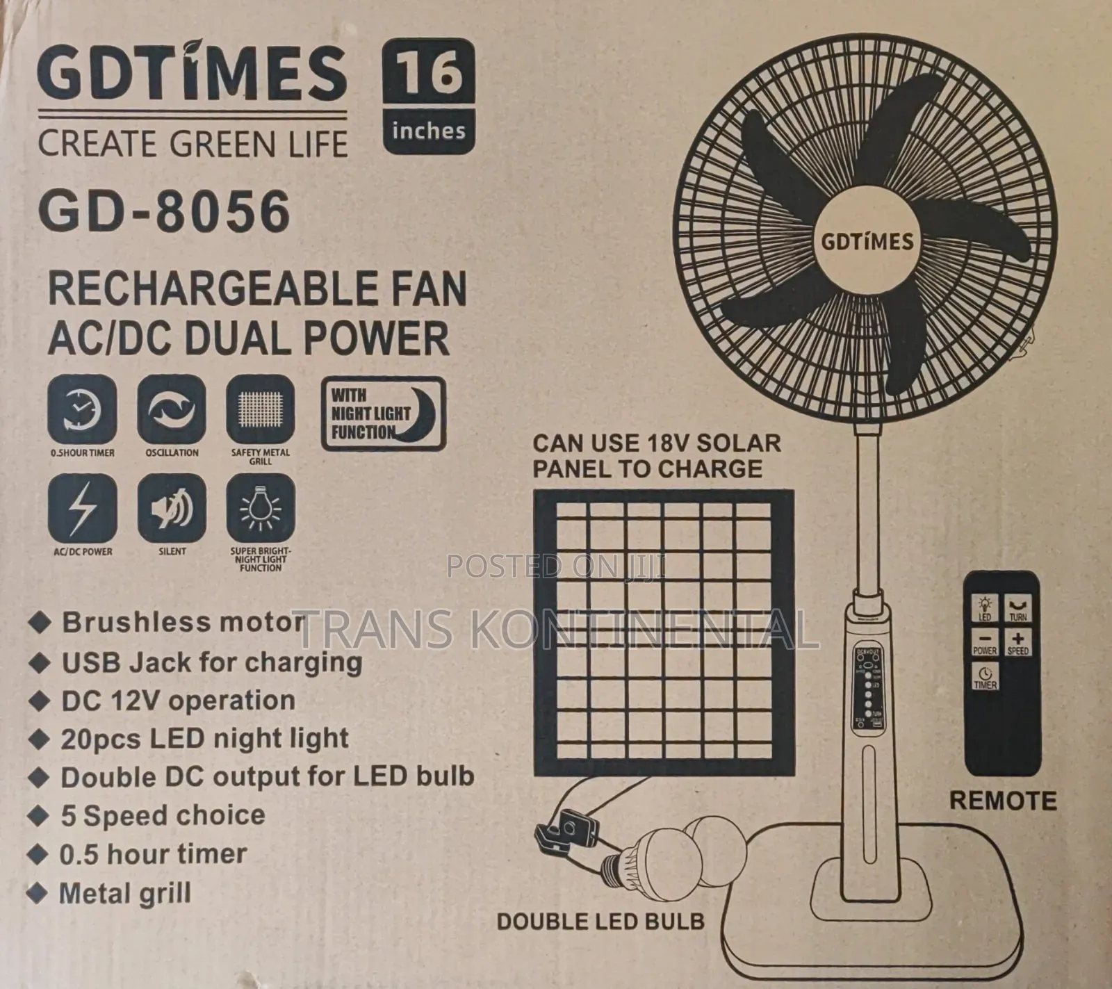 16 Inches Solar Rechargeable Fan Ac/Dc Dual Power (2 Bulbs)