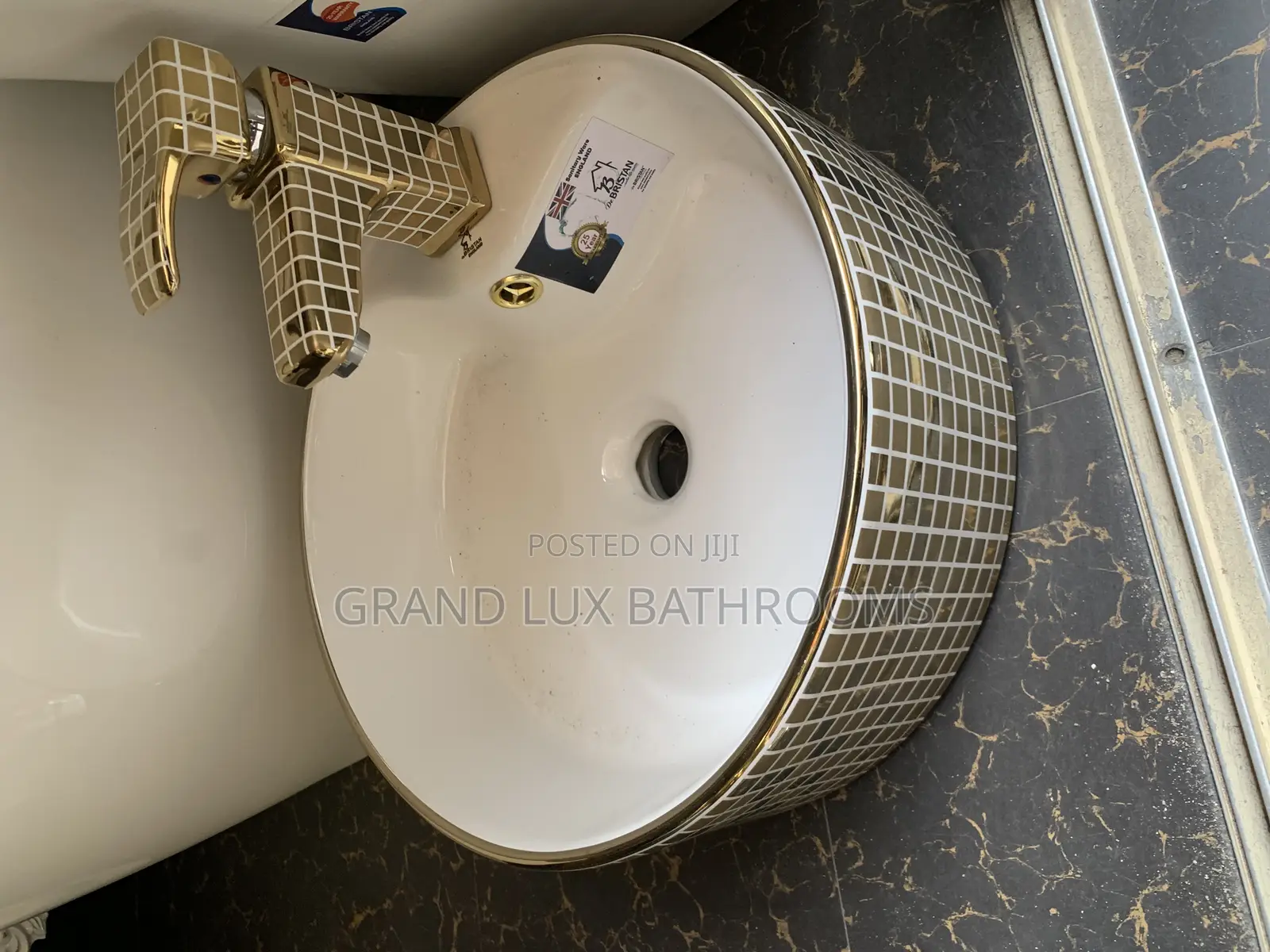 Ceramic Basin With Gold Mosaic Design and Matching Faucet"