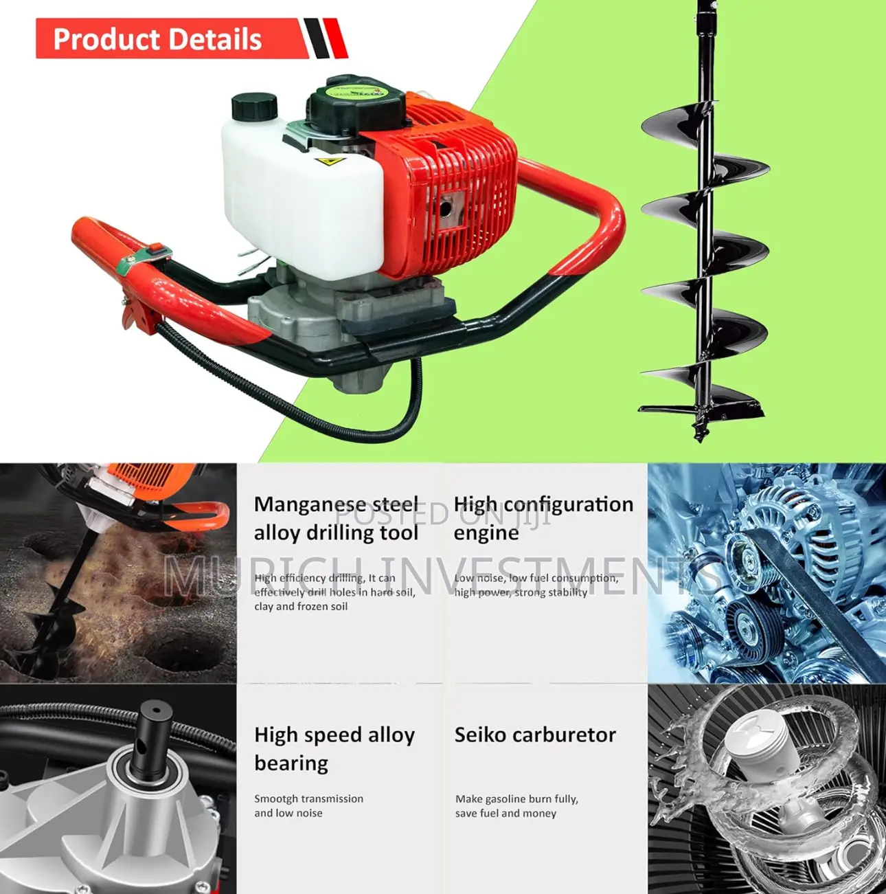 Earth Auger Machine With Air Cooled 2 Stroke Petrol Engine