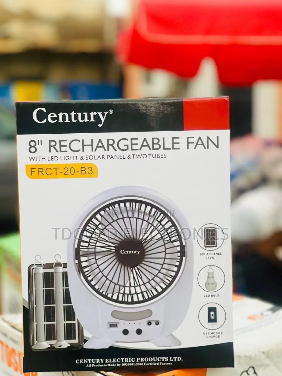 Century 8-Inch Rechargeable Fan With Solar Panel 2 Bulbs