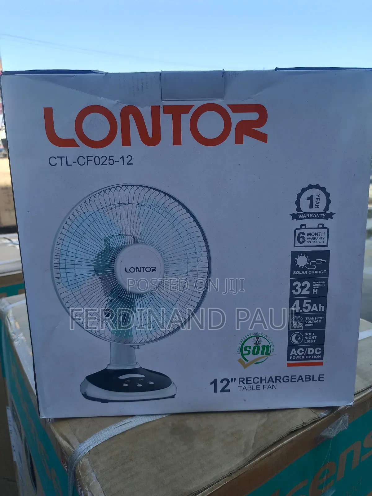 Lontor Rechargeable Table Fan 12"