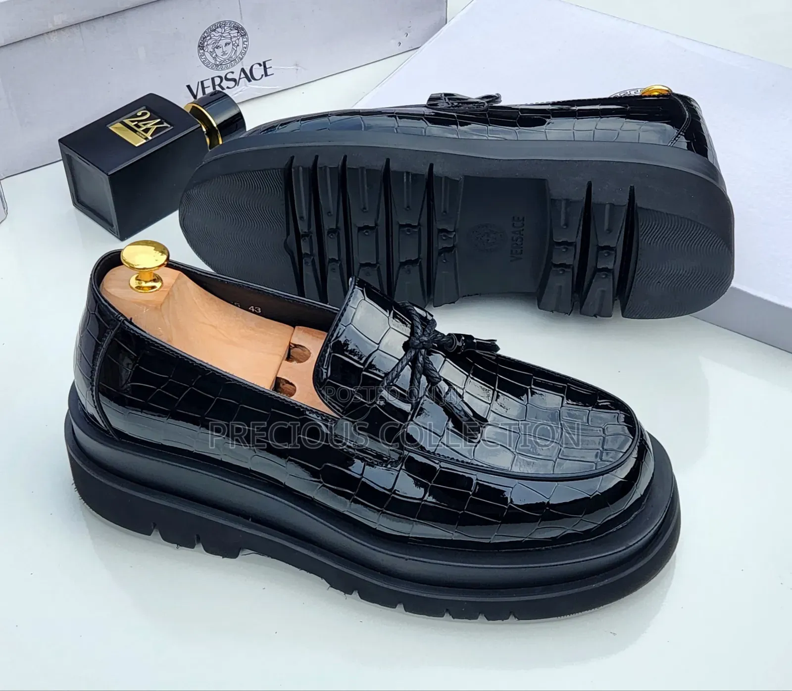 Versace Bow Glossy Leather Double Sole Pull on Loafers
