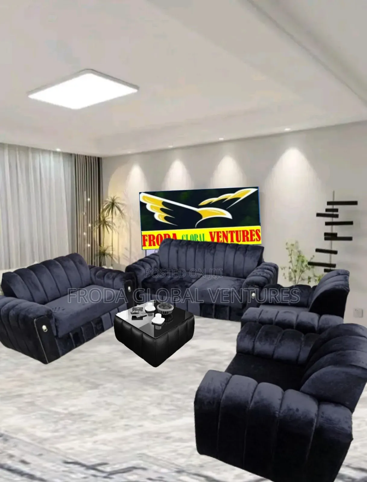 Quality Couches. Set of 7-Seater Sofa Chairs and Glass Table