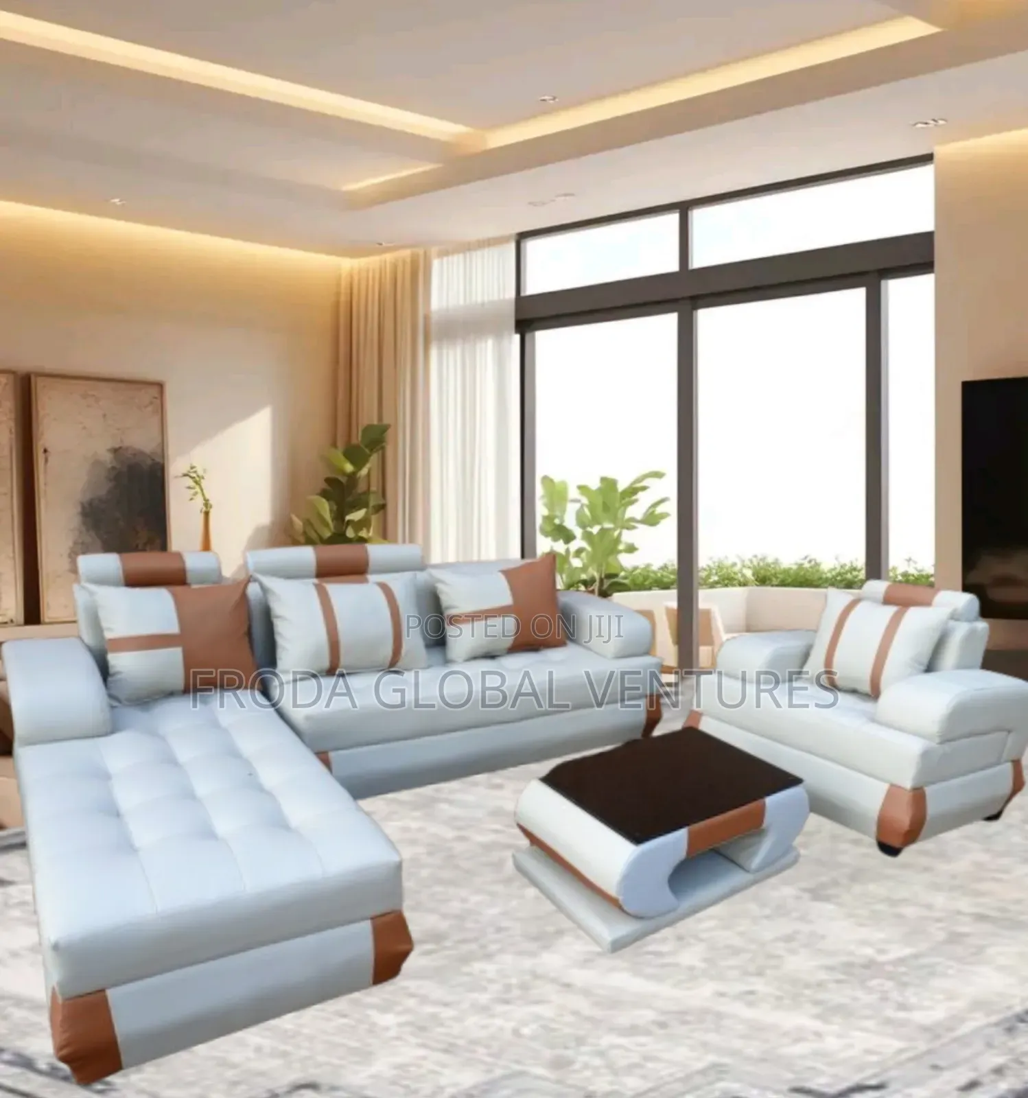 Living Room Couch, of L-Shape Sofa, Single Chair and Table