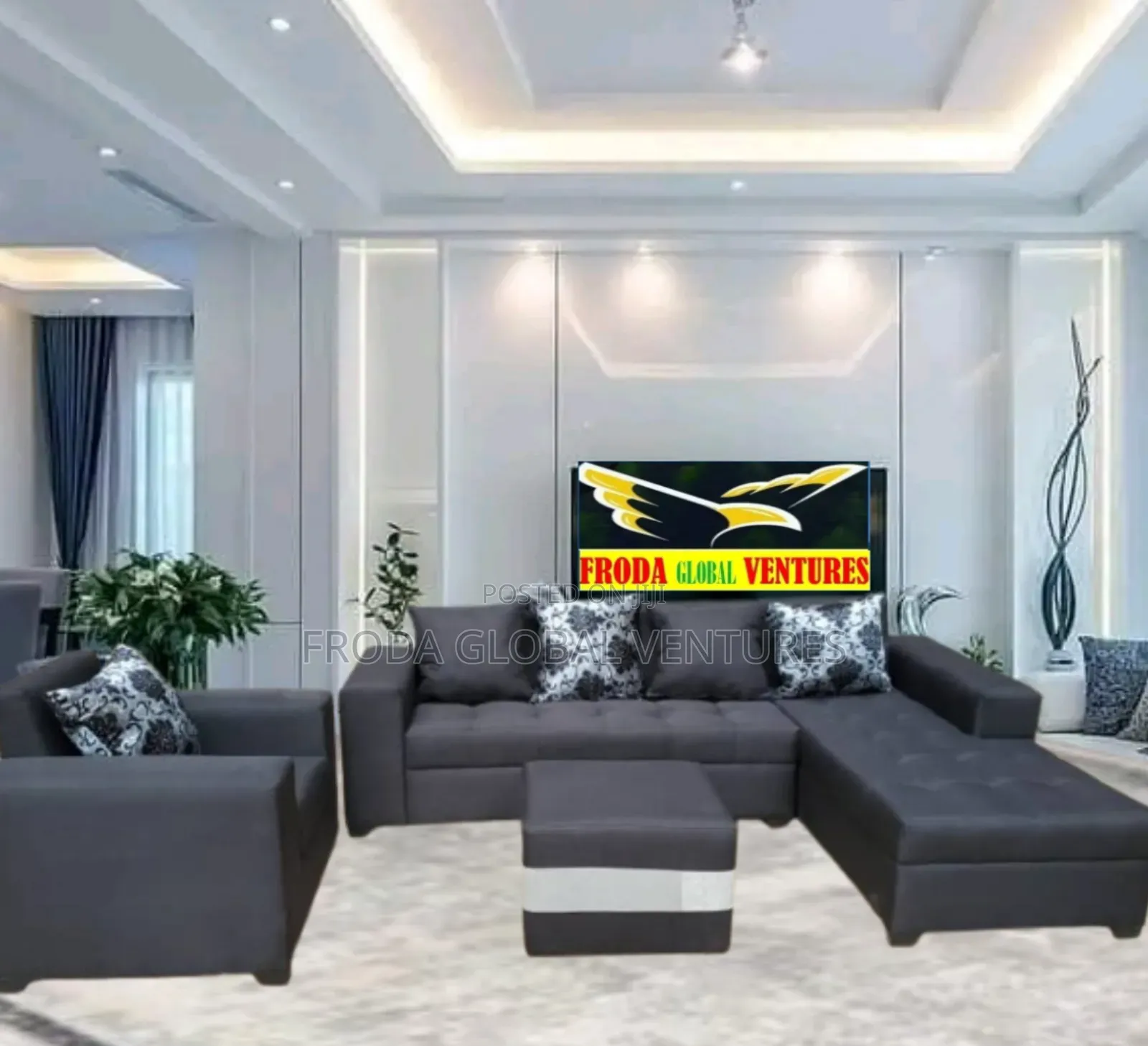 Living Couch; L-Shaped Sofa and Single Chair With Table
