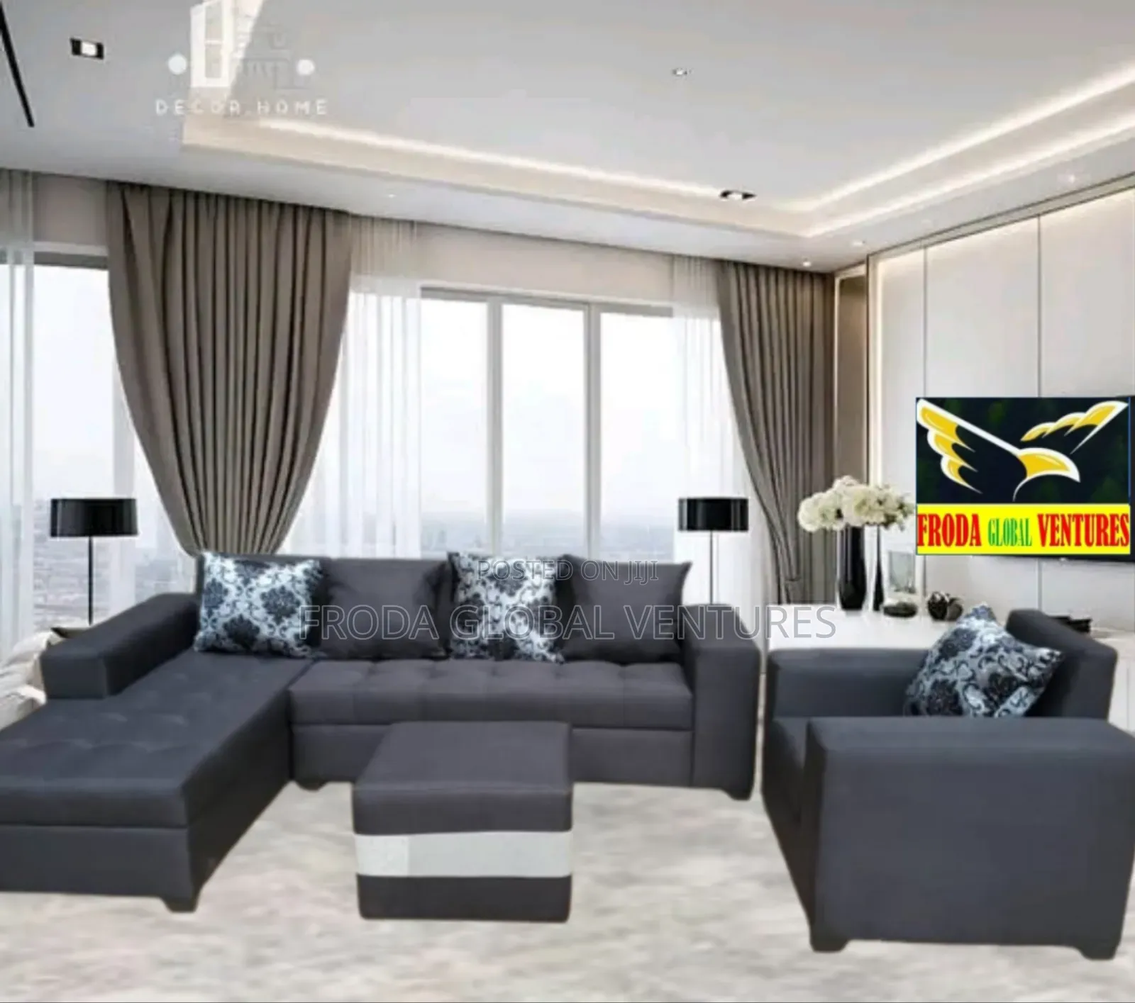 Set of L-Shape Sofa and Single Chair With Puffy Table. Black