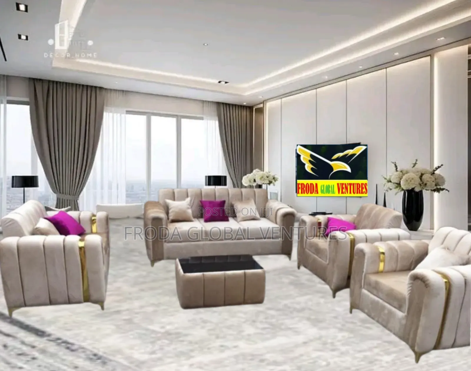 Sitting Room Couch. 7 Seaters Sofa Chairs and Glass Table
