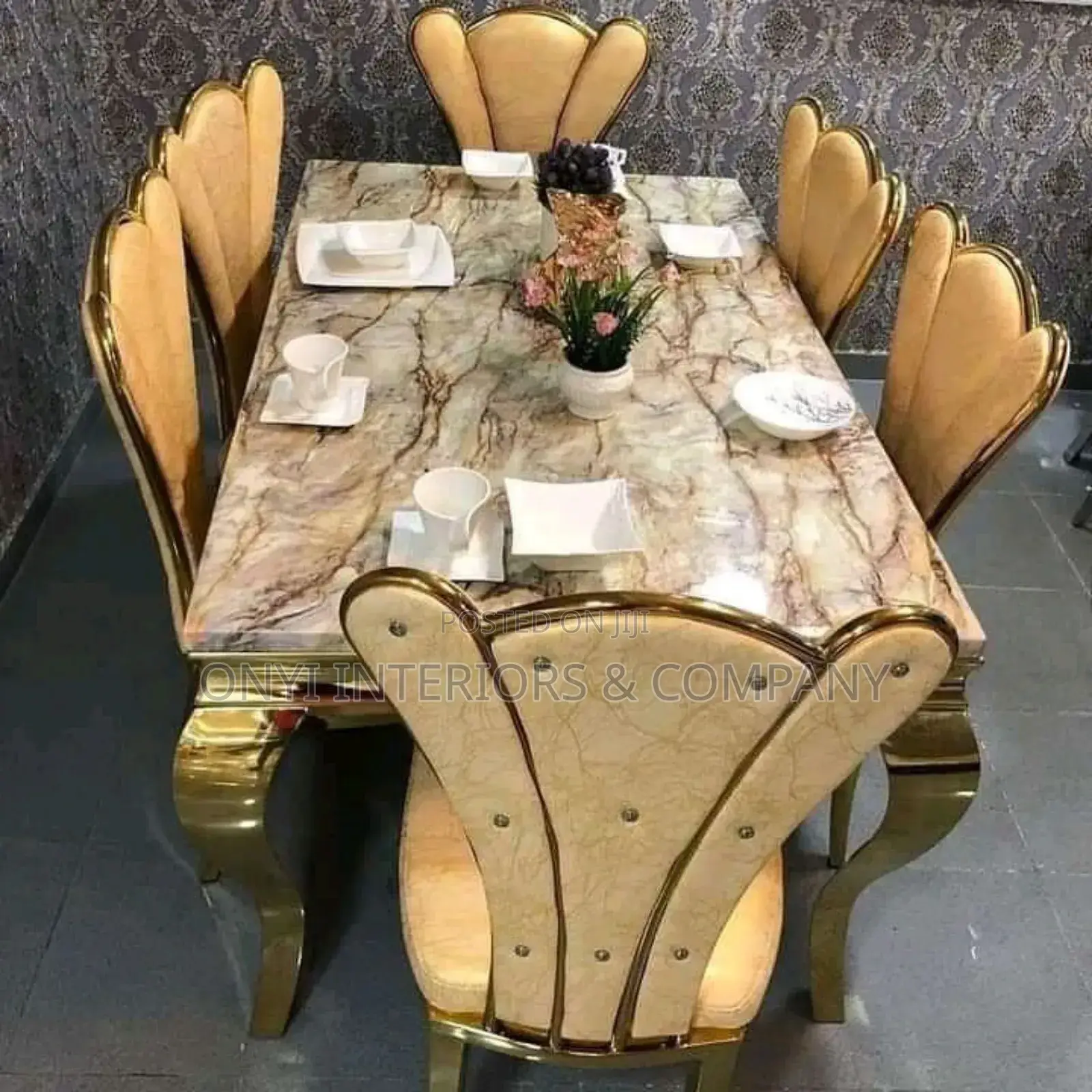 Gold Color Marble Dining Table With 6 Chairs