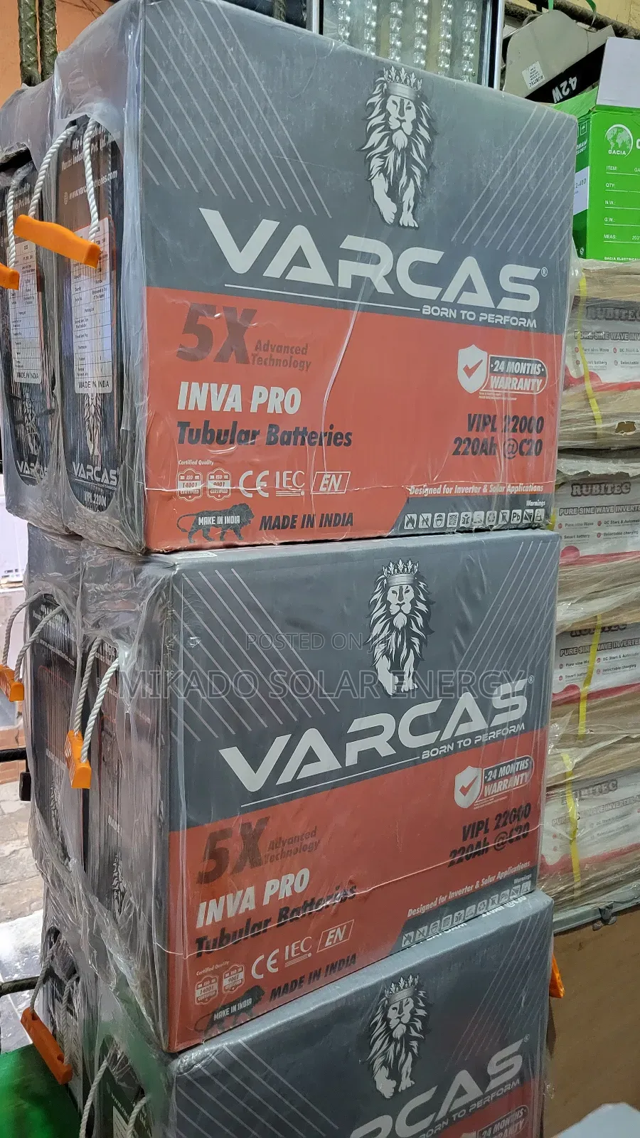 220ah 12v Varcas Tall Tubular Battery Made in India