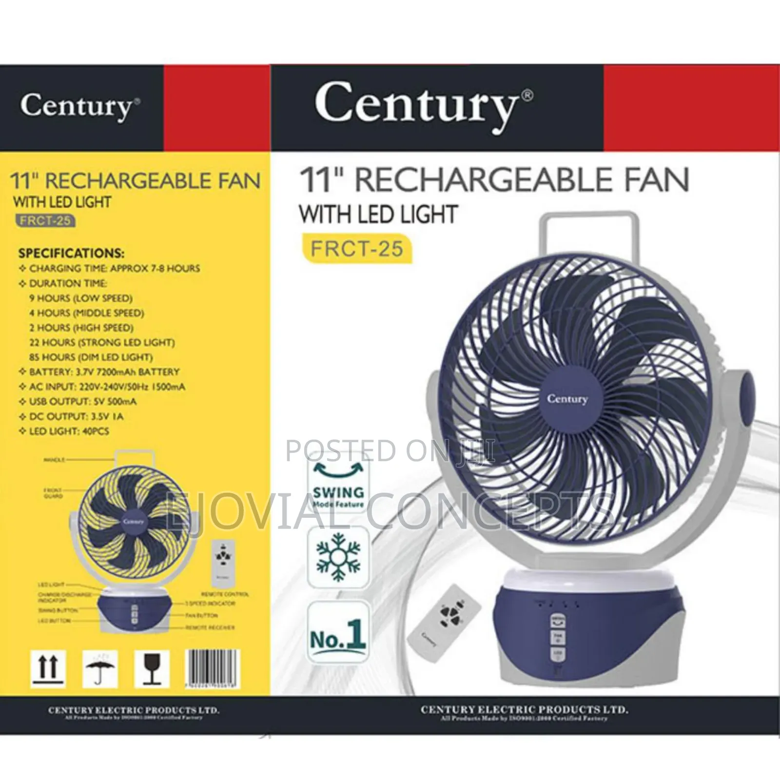 Century 11" Rechargeable Fan With Led Light (Frct-25)