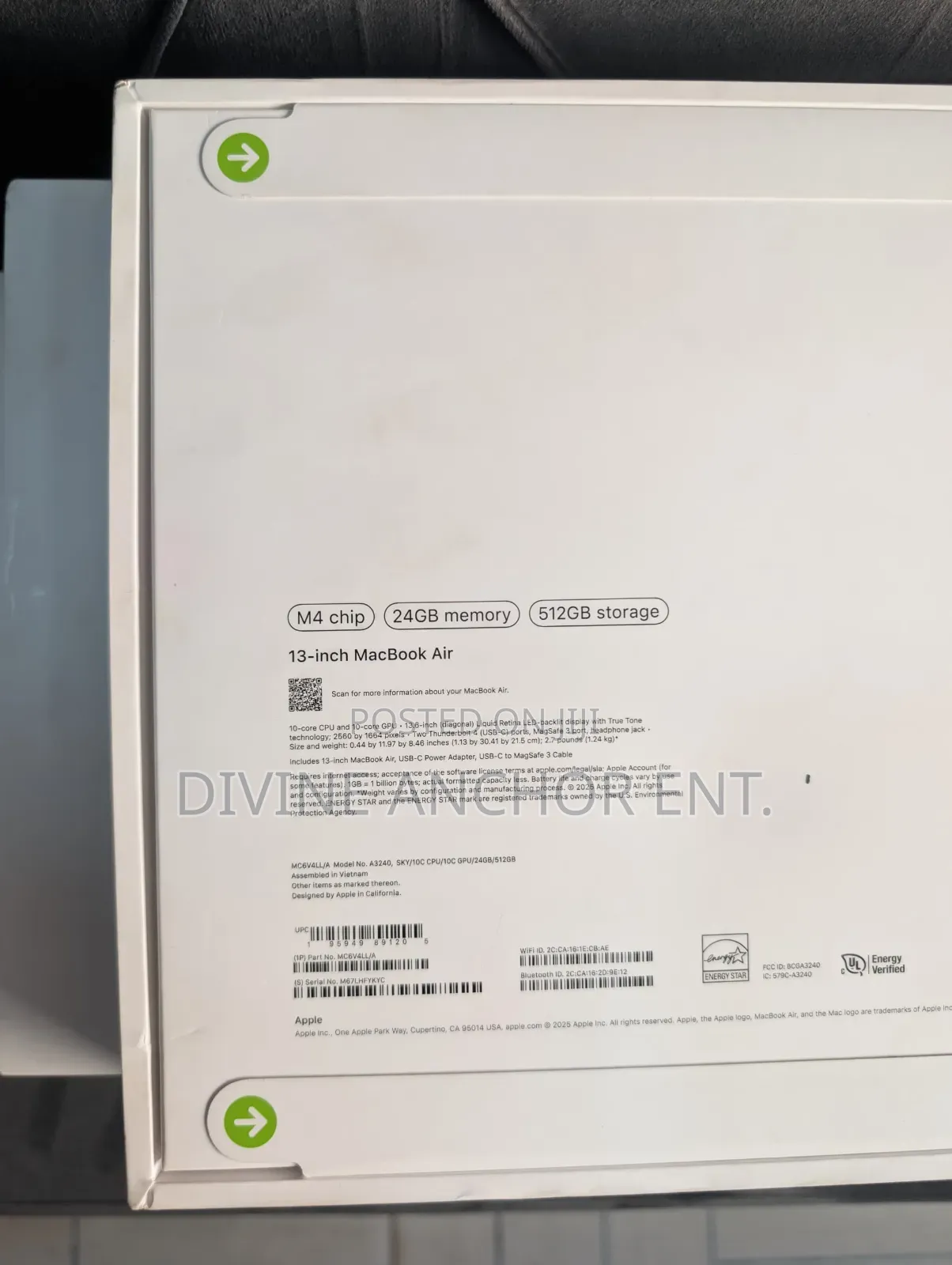 New Laptop Apple MacBook Air 2025 M4 13-inch 24GB Apple M4 SSD 512GB