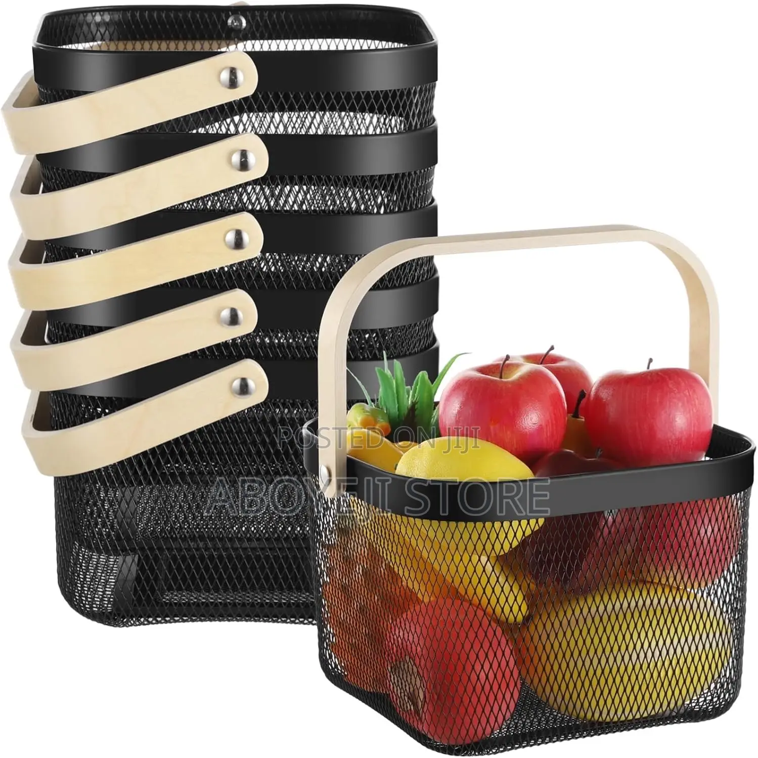 Metal Mesh Steel Storage Organizer Basket With Bamboo Handle