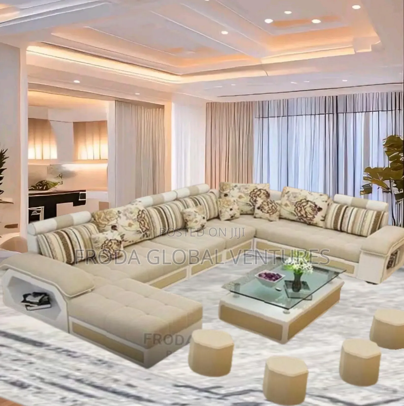 U-Shape Couch of 9 Seats Sofa Chairs, Table, Stools. Ucwfl1