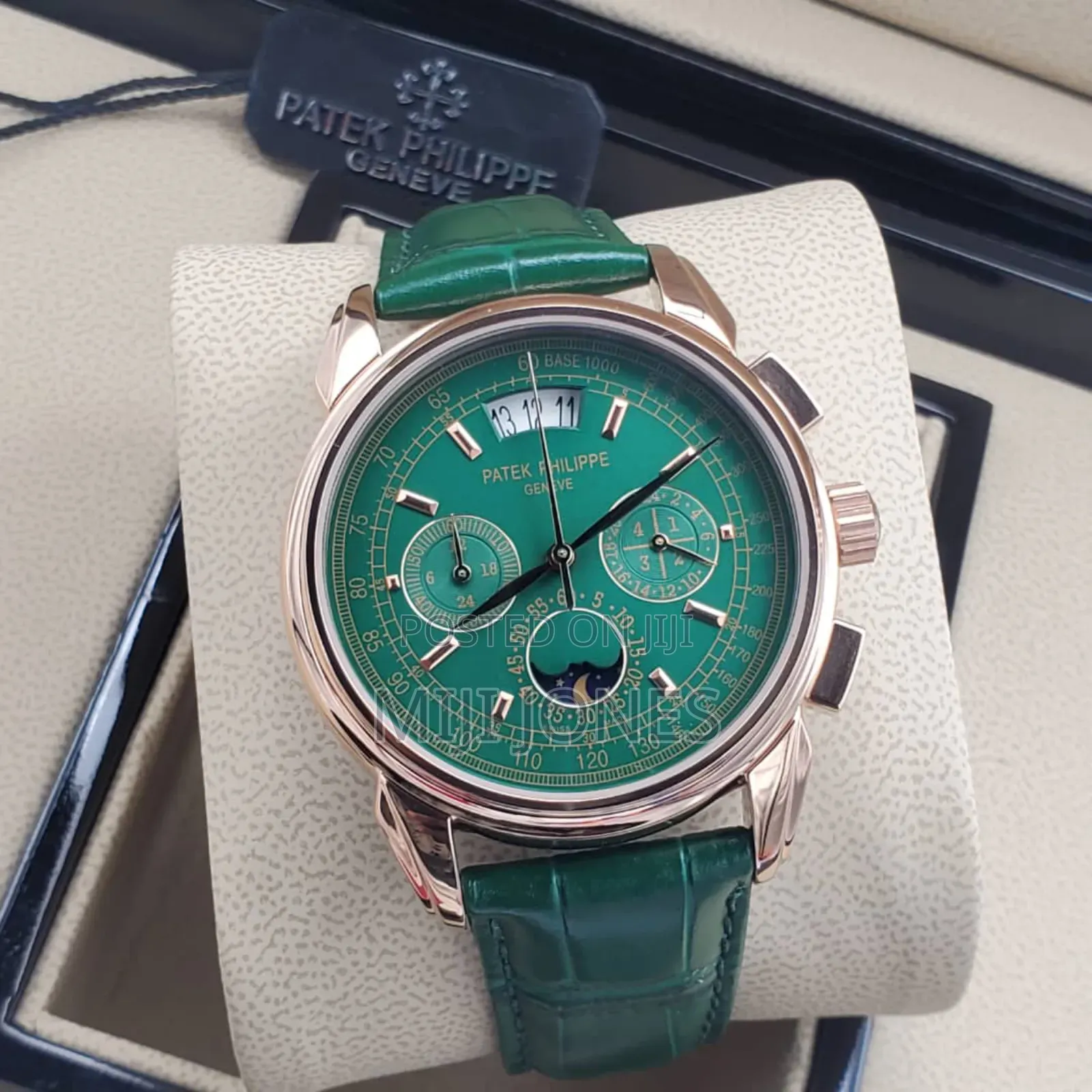Patek Philippe Inspired Rose Gold Green Leather Chrono Watch