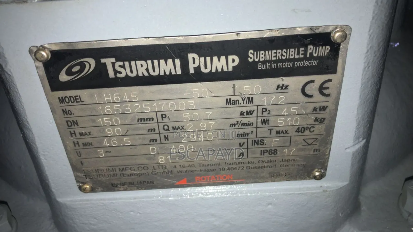 Tsurumi Lh645 Submersible Pump, 45kw, 150mm, 2.97 M3/Min