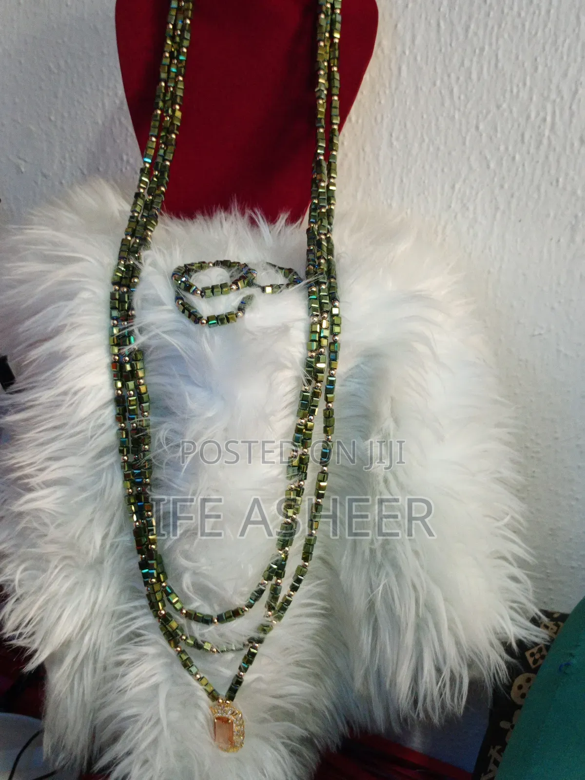 Green Mixed With Gold Men's Long Beads: 3necks, 4 Bracelets