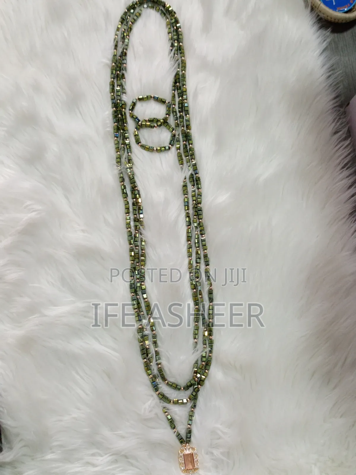 Green Mixed With Gold Men's Long Beads: 3necks, 4 Bracelets