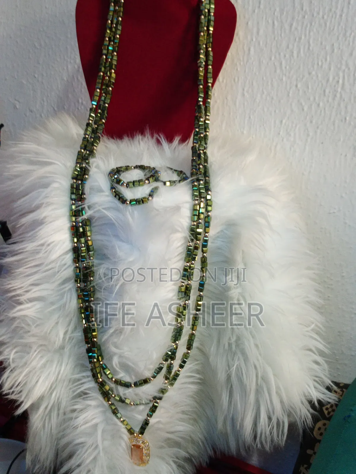 Green Mixed With Gold Men's Long Beads: 3necks, 4 Bracelets