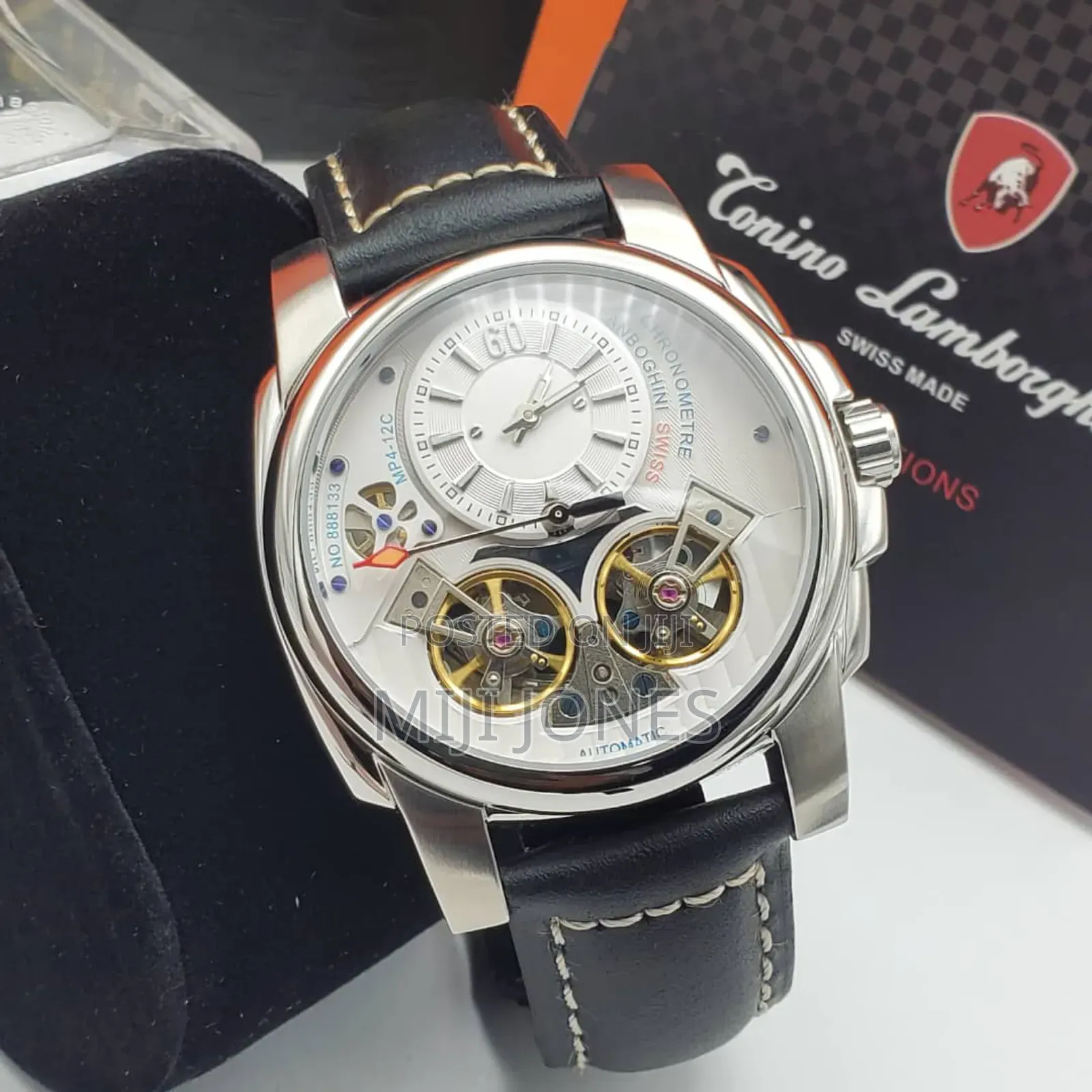 "Lamborghini Double Tourbillon Automatic Black Leather Watch