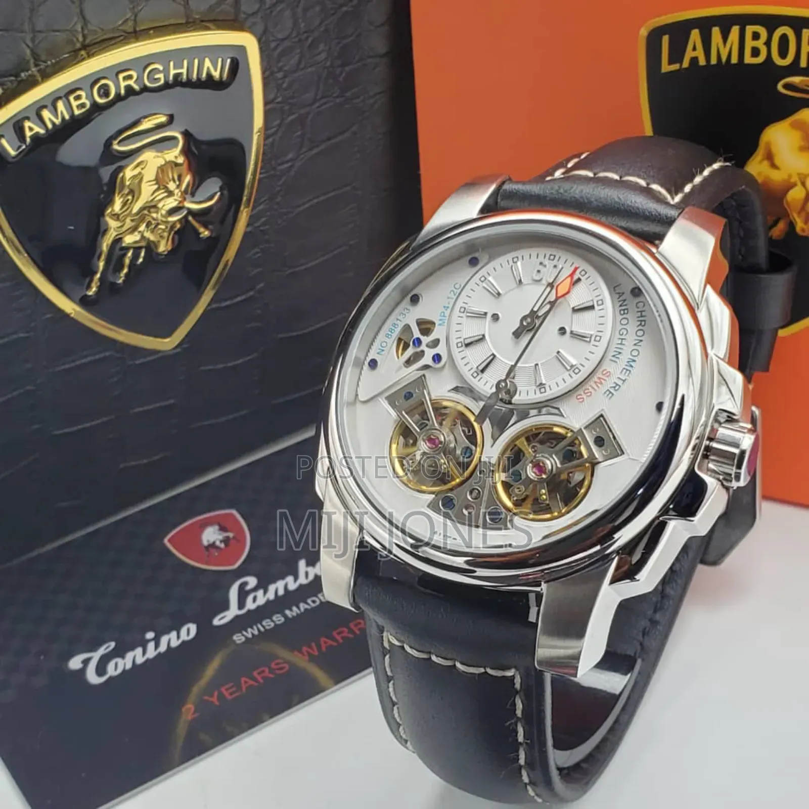 "Lamborghini Double Tourbillon Automatic Black Leather Watch