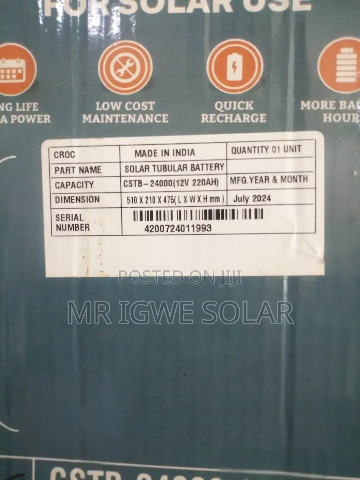 Croc Tall Tubular Battery 220ah