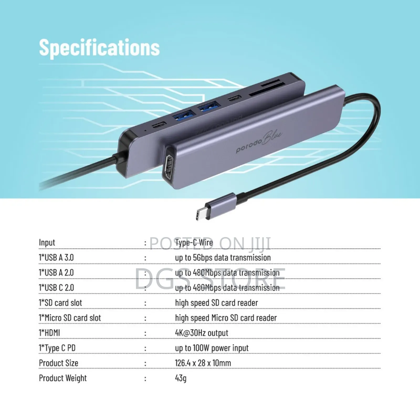 Porodo Blue 7 Port Usb C Hub