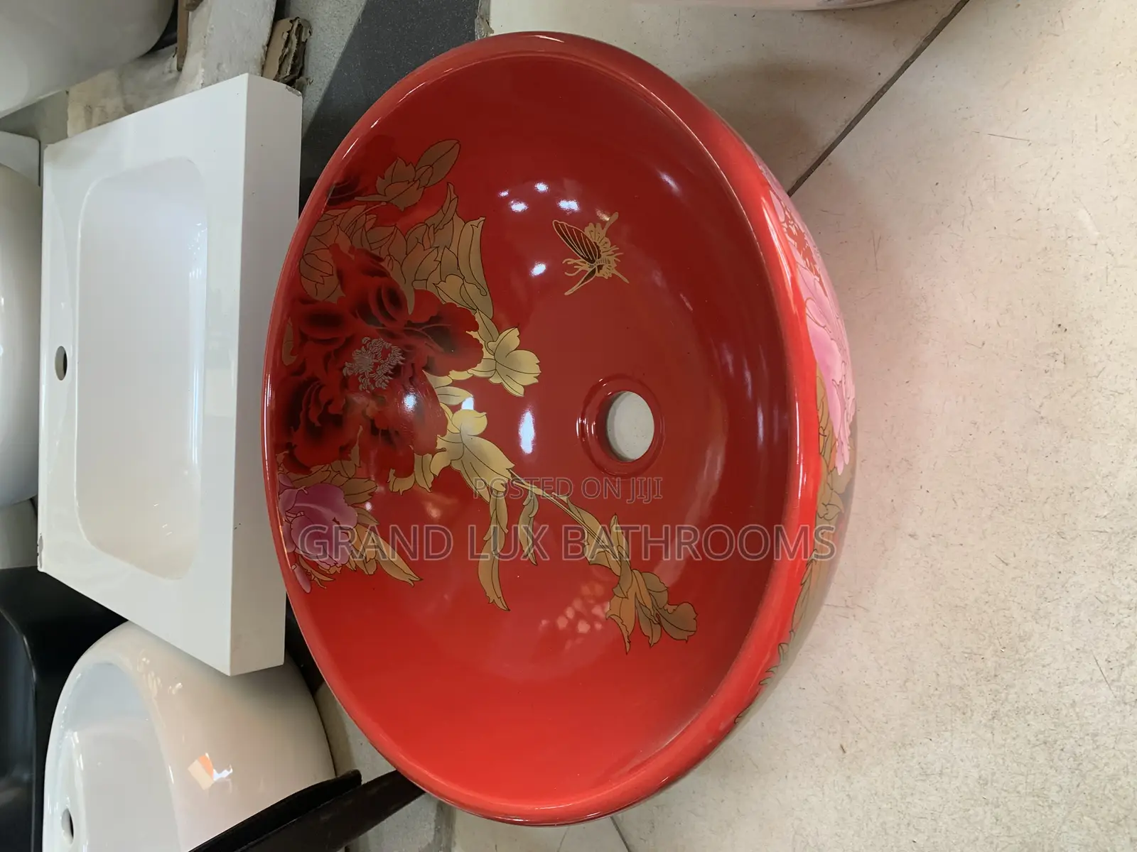 "Red Floral Ceramic Vessel Sink With Artistic Gold Detailing