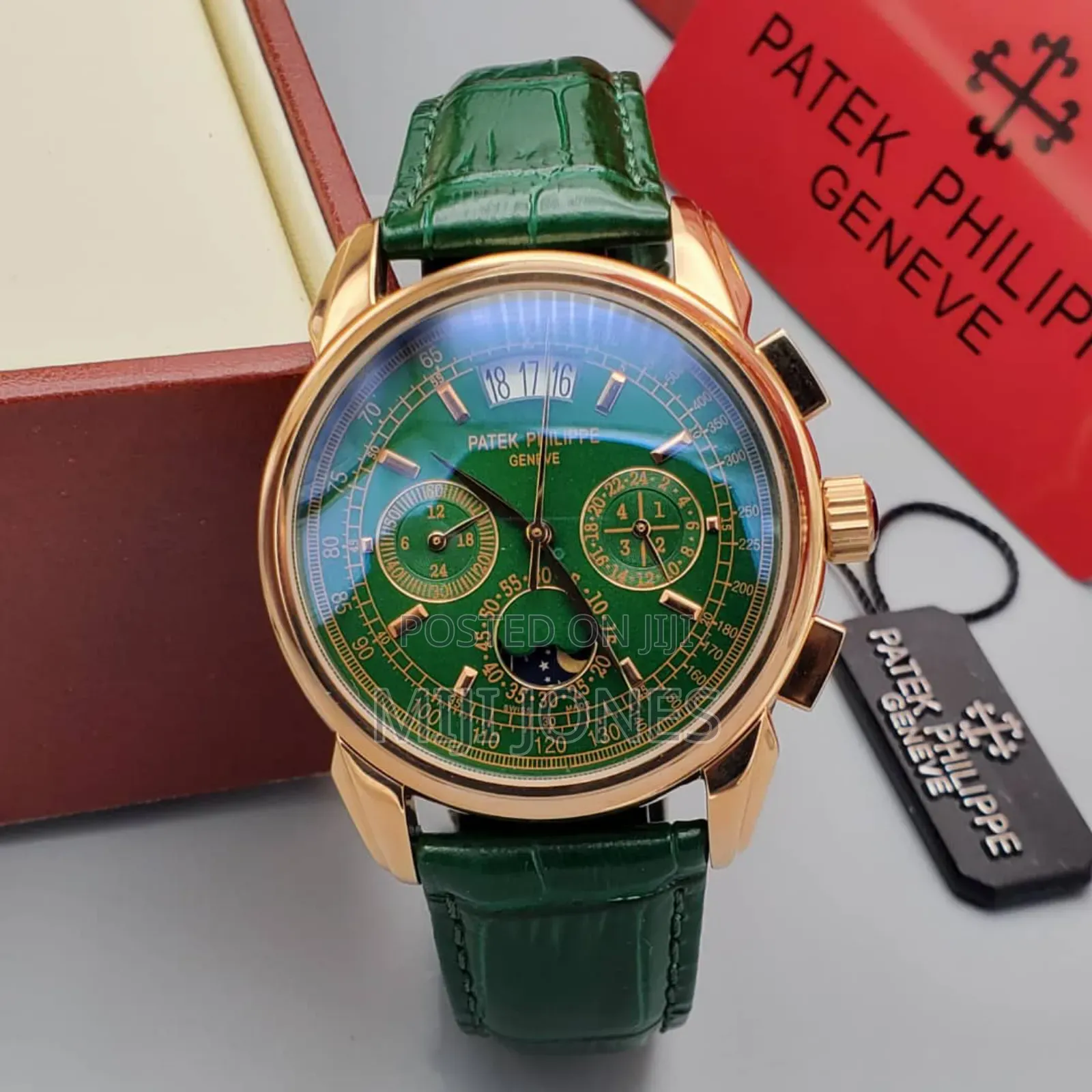 Patek Philippe Inspired Rose Gold Green Leather Chrono Watch