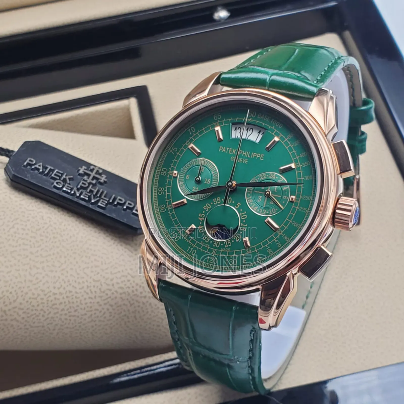 Patek Philippe Inspired Rose Gold Green Leather Chrono Watch