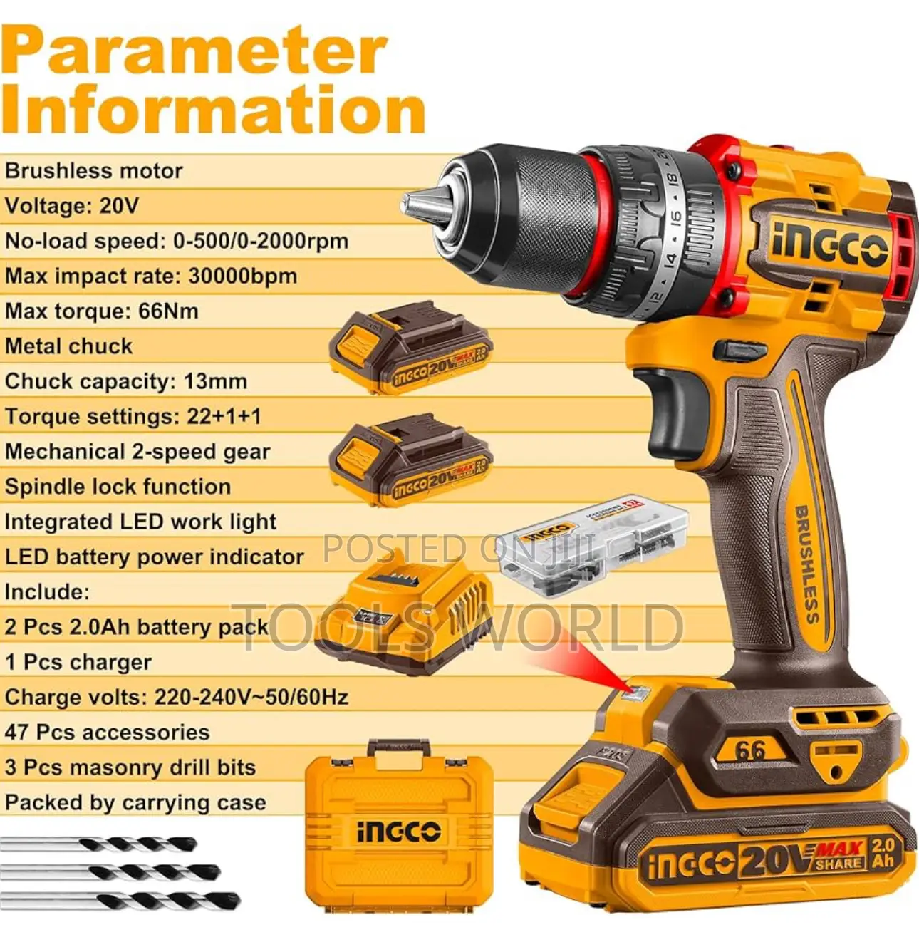Ingco 20v Brushless Cordless Impact Drill Kit – 66nm Torque