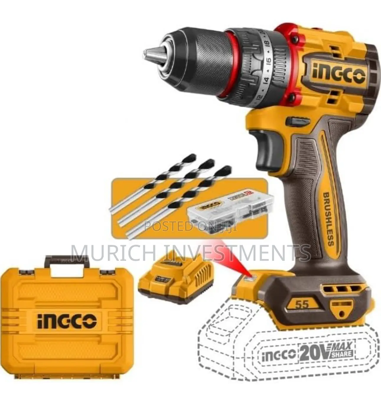 20v Cordless Impact Drill 55nm Brushless Motor +2 Batteries