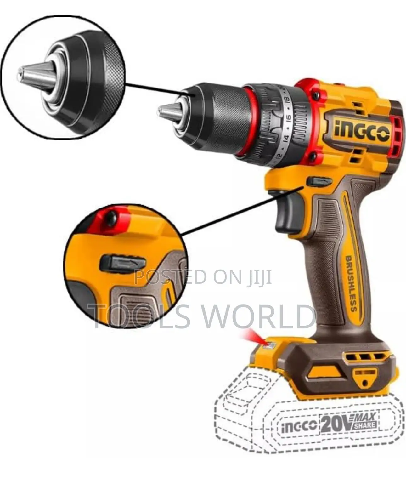 Ingco 20v Brushless Impact Drill + 2 Batteries + 47pcs Tool