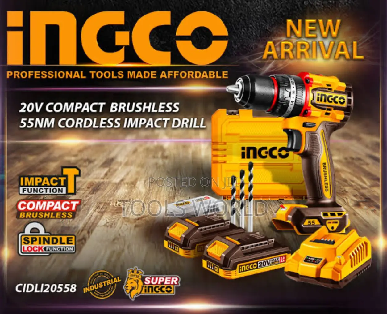 Ingco 20v Brushless Impact Drill + 2 Batteries + 47pcs Tool