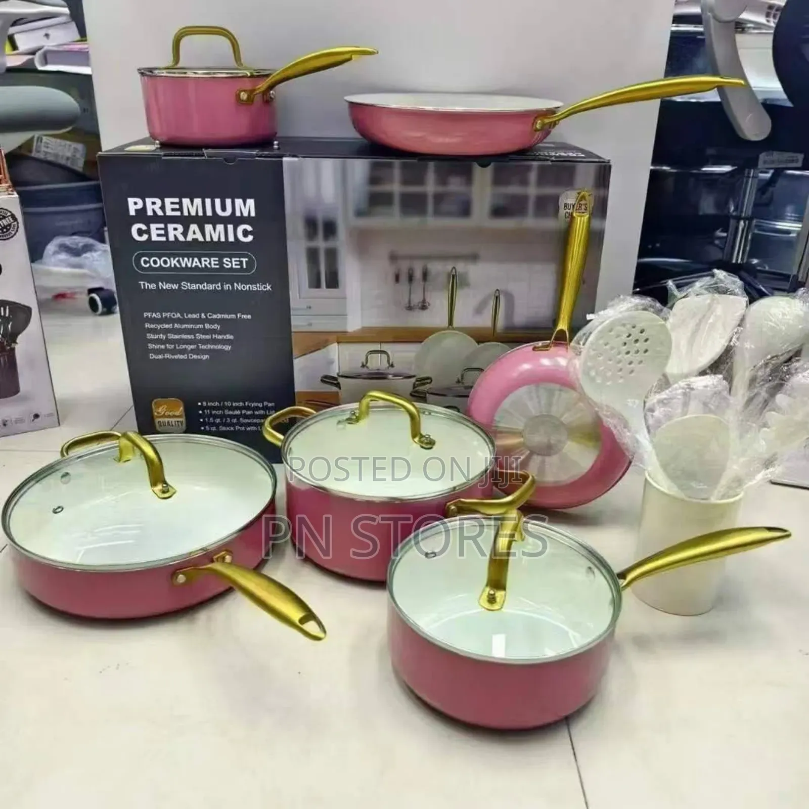 Premium Ceramic Pot Cookware Set. (Pink, Blue and White)