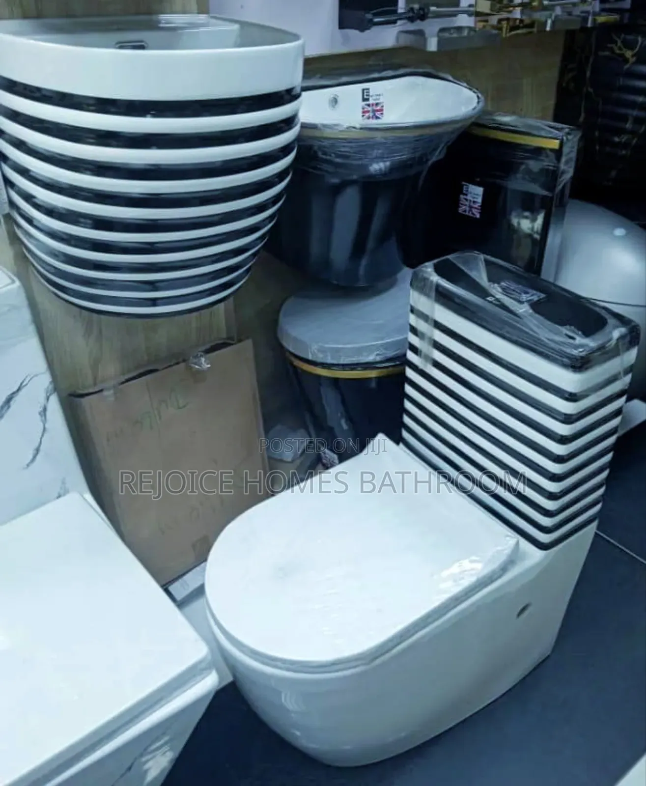 Striped Black White Ceramic Wc Toilet Basin Set