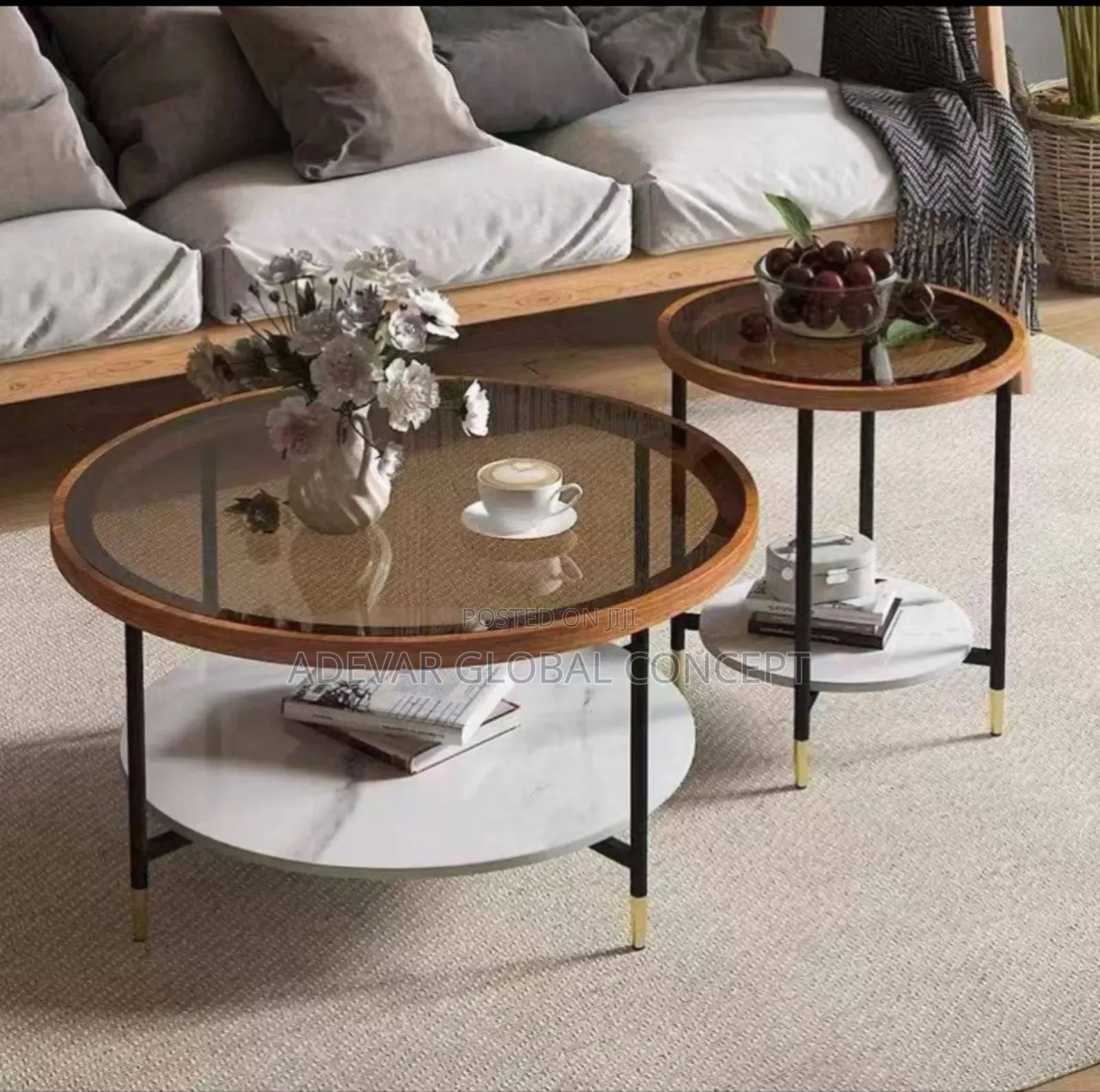 Italian Round Glass Rock Slab 2 in 1 Coffee Center Table