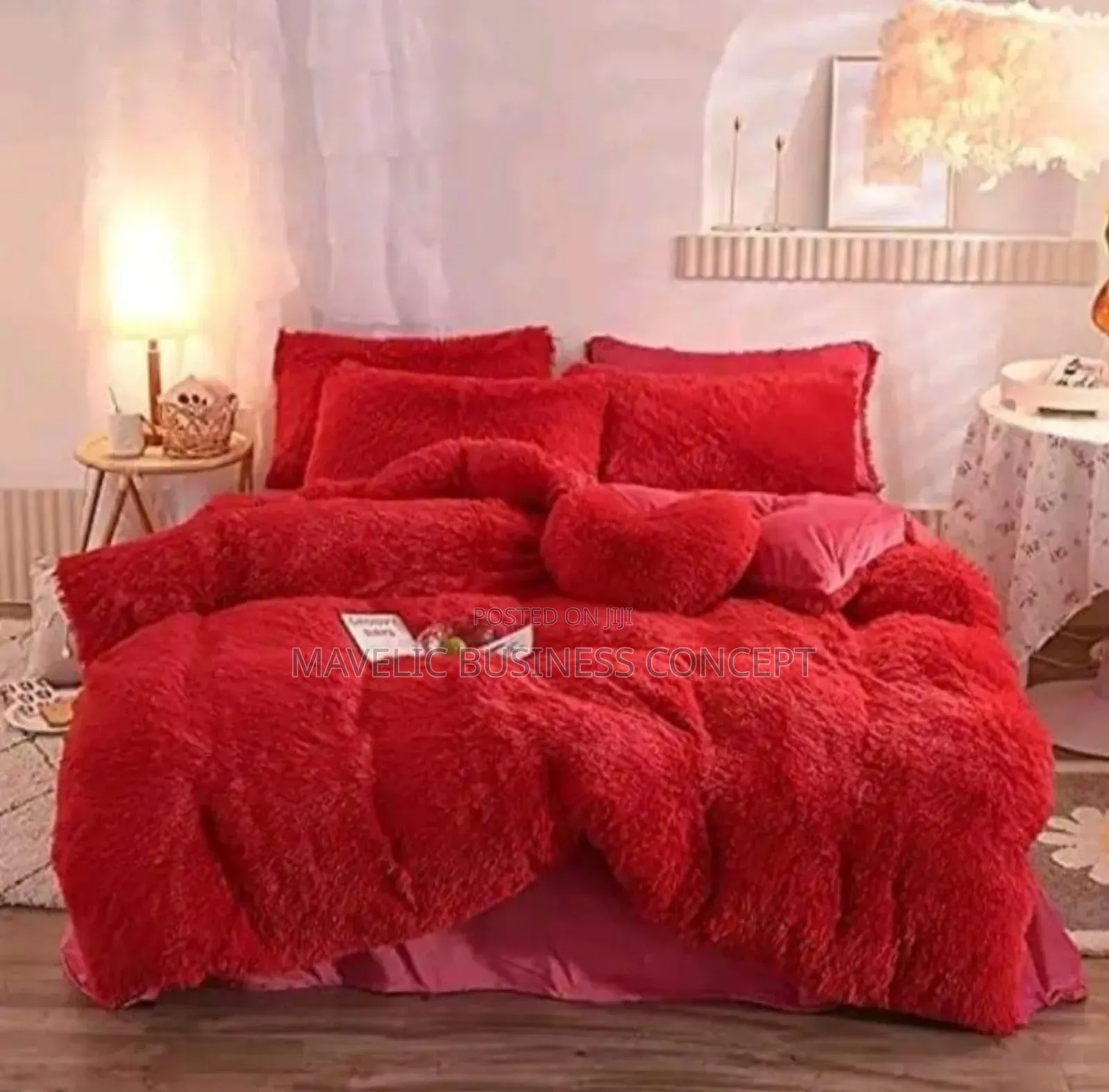 Fluffy Red Duvet With Bedsheet and Four Pillowcases