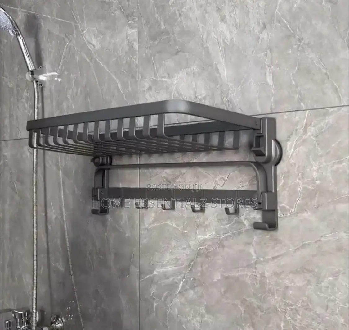 Bathroom Towel Hanger - Foldable Towel Rack With Shelf and Hooks