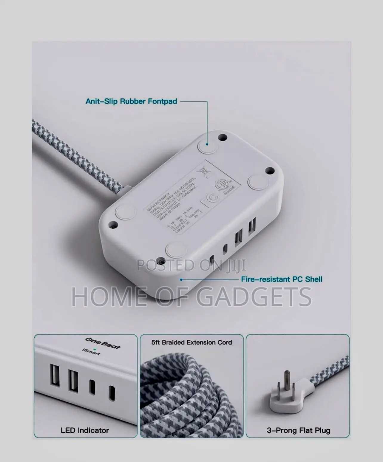 One Beat Fast Charge Extension With 2usb C Port and 2 Usb