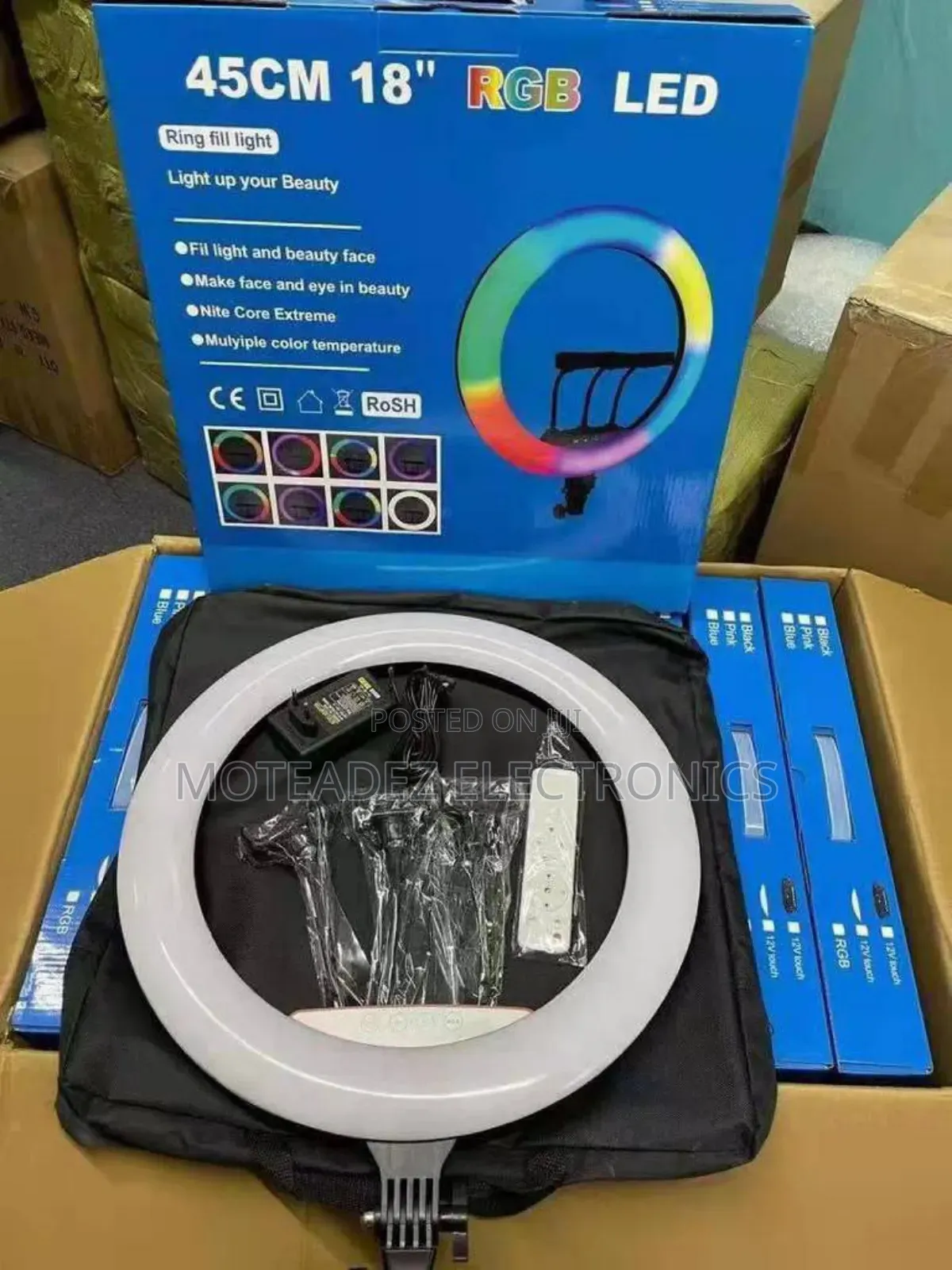 18" RGB Multicolour Ring Light W/Remote, Phone Holder, Stand