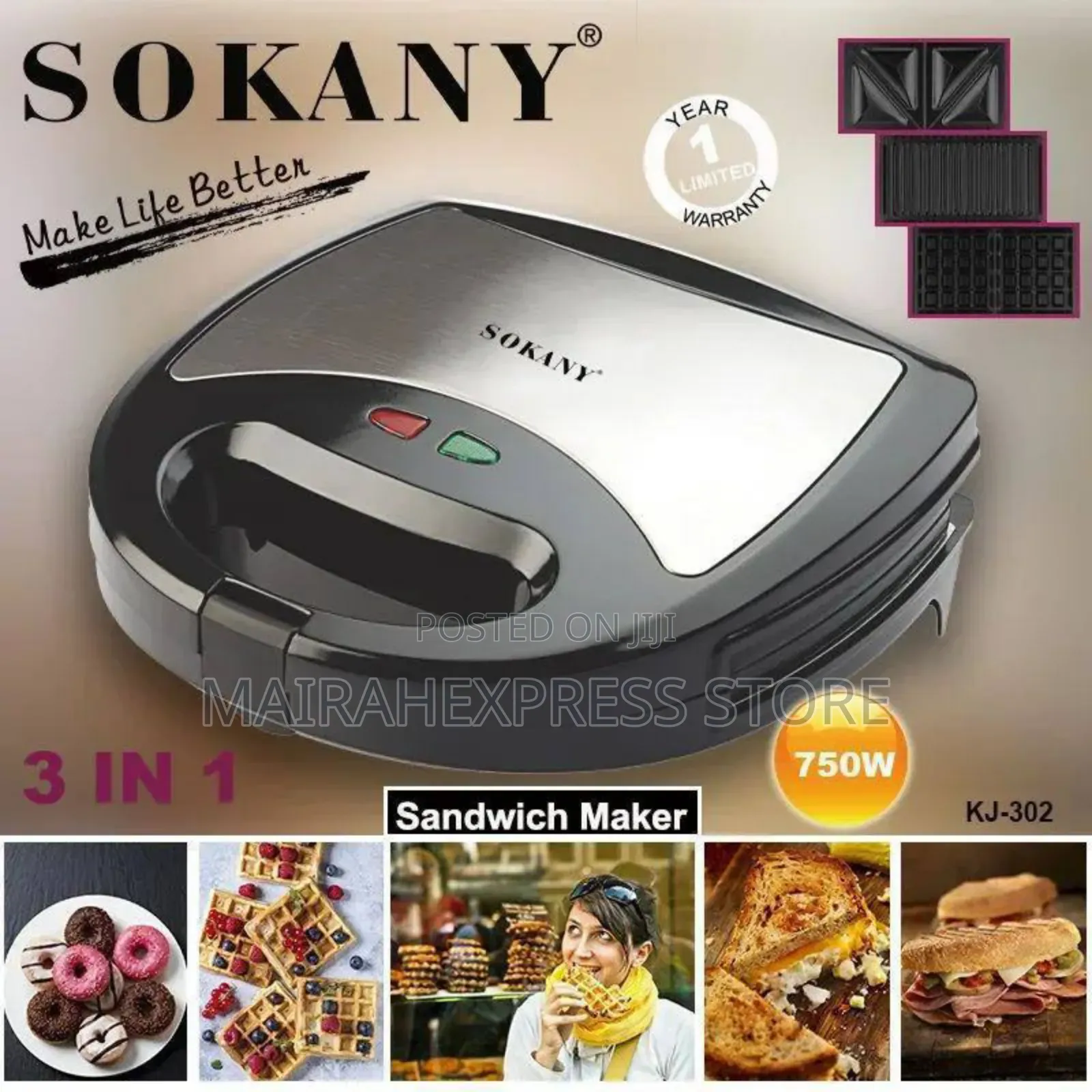 Sokany 3in1 Electric Detachable Sandwich/Waffle/Panini Maker