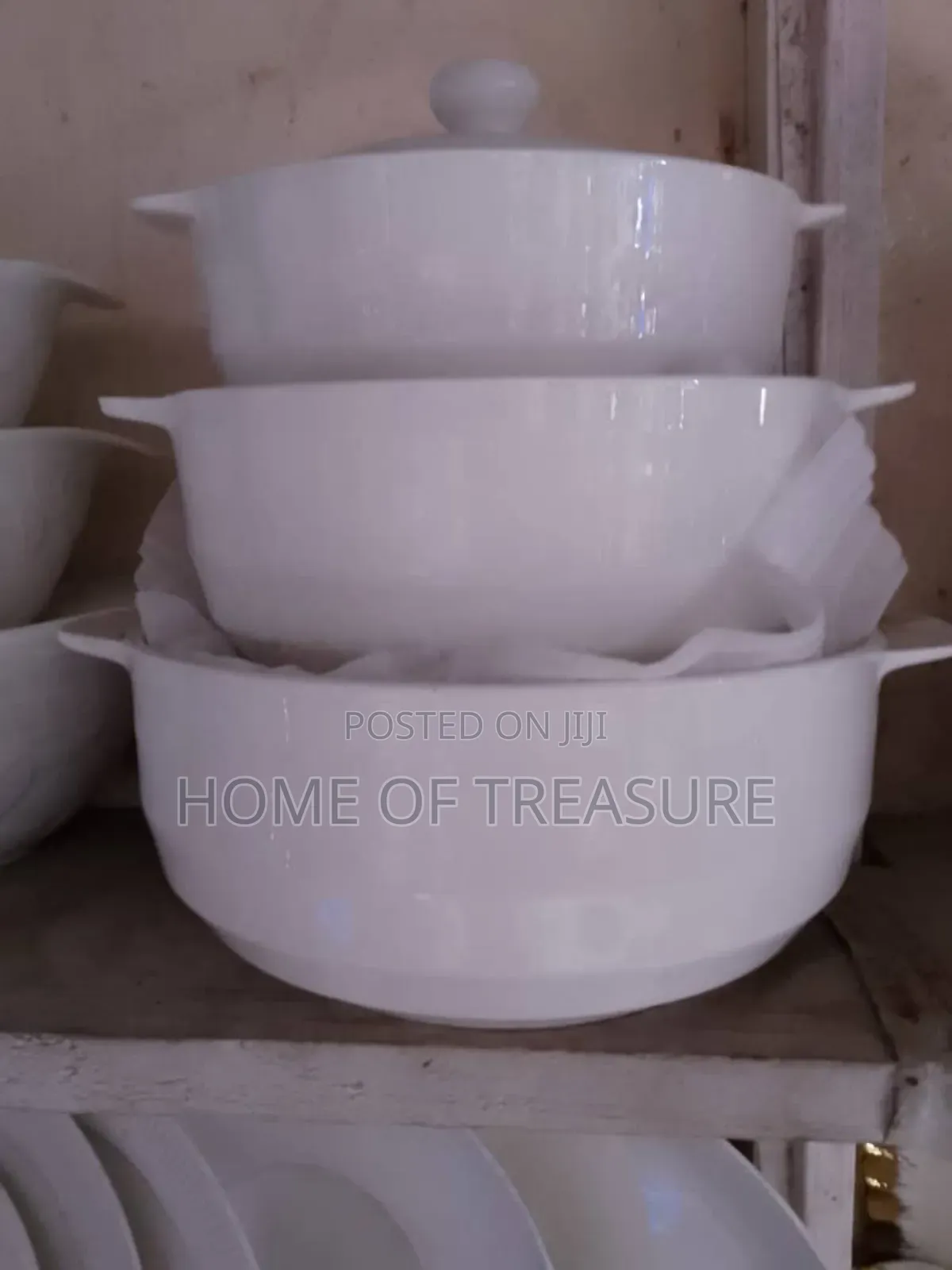 Stack of Three White Color Ceramic Bowls With Lids