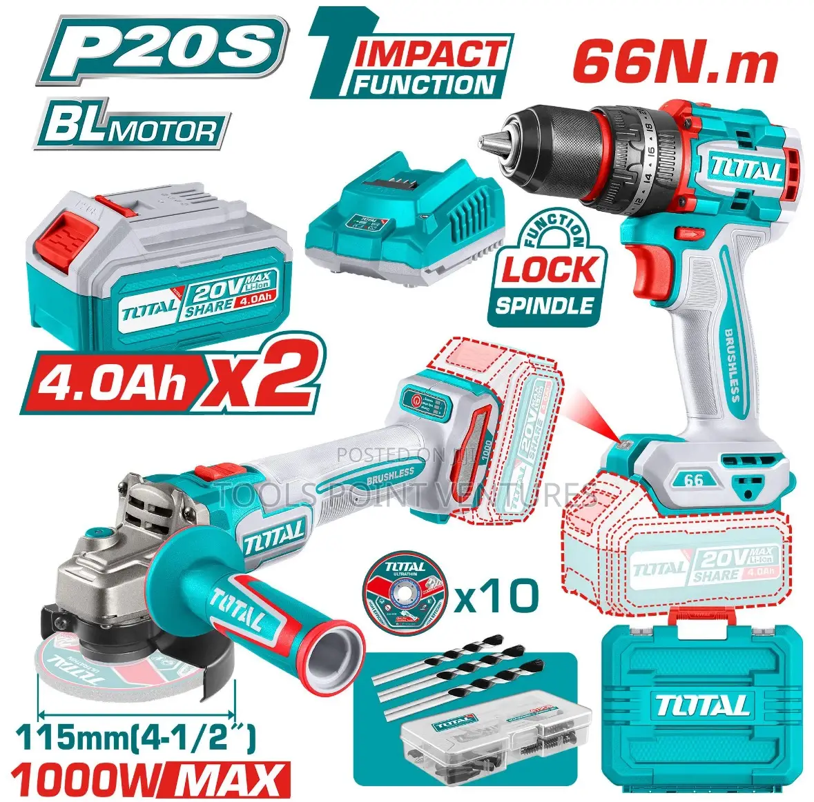 Total Cordless 2pcs Combo Angle Grinder Impact Drill.