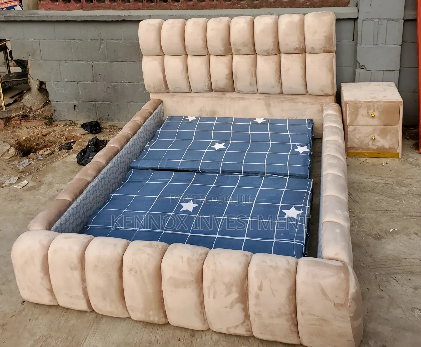 4 and Half by 6 Brown Fabric Bubble Bed With 1 Bedside